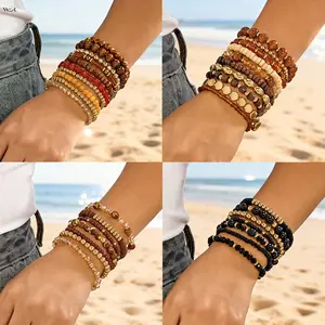 Multi-Layer Natural Stone Wood Bead Stack Bracelet Set, 8 Styles Boho Earth Tone Layered Beaded Wrist Bands, Beach Vacation Retro Decor Bracelets for Women