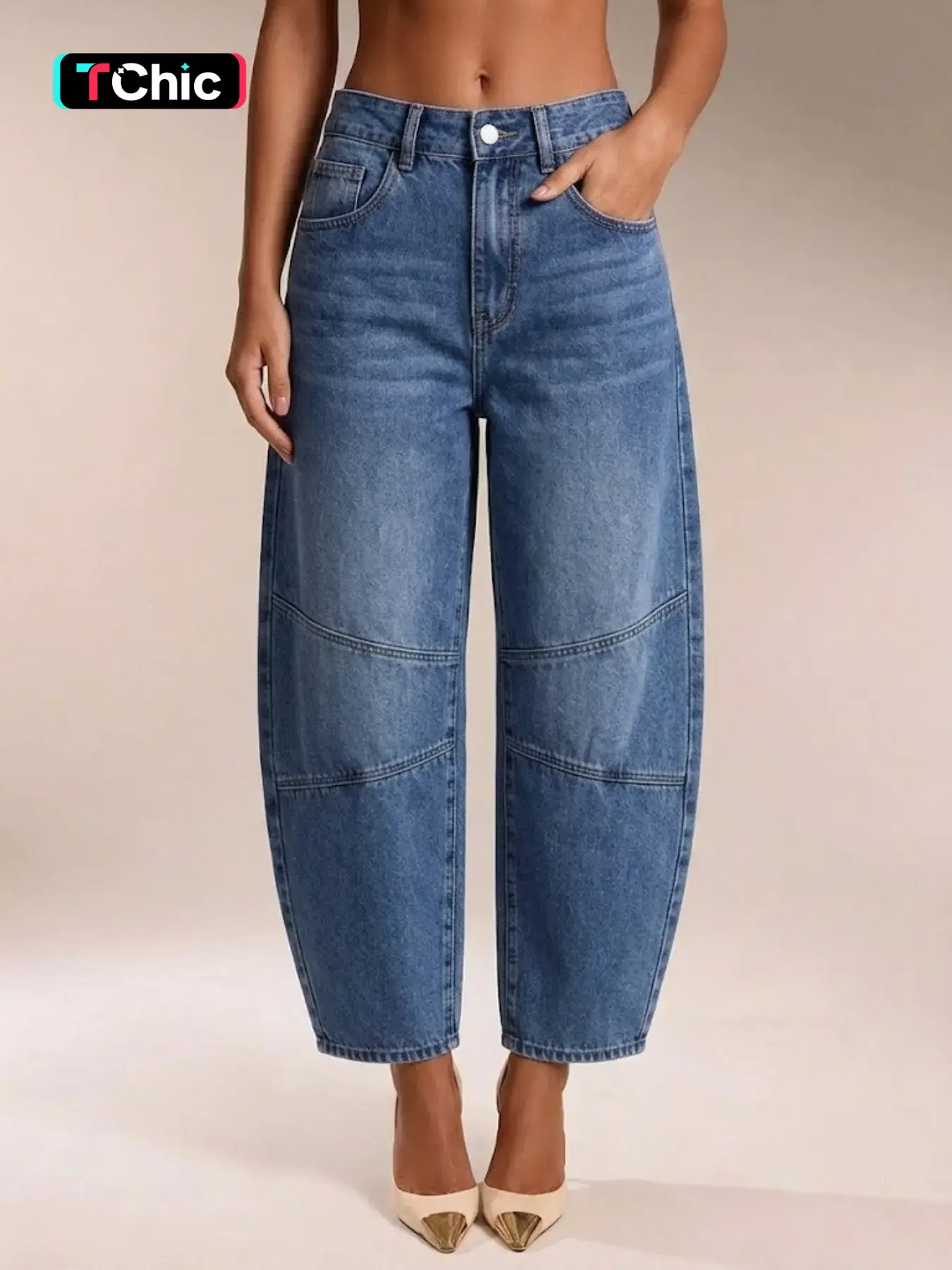 Women High Waist Patchwork Stitch Barrel Jeans, Vintage Medium Wash, Curved Banana Denim Jeans, Loose Fit, Cropped Ankle Workwear Trousers