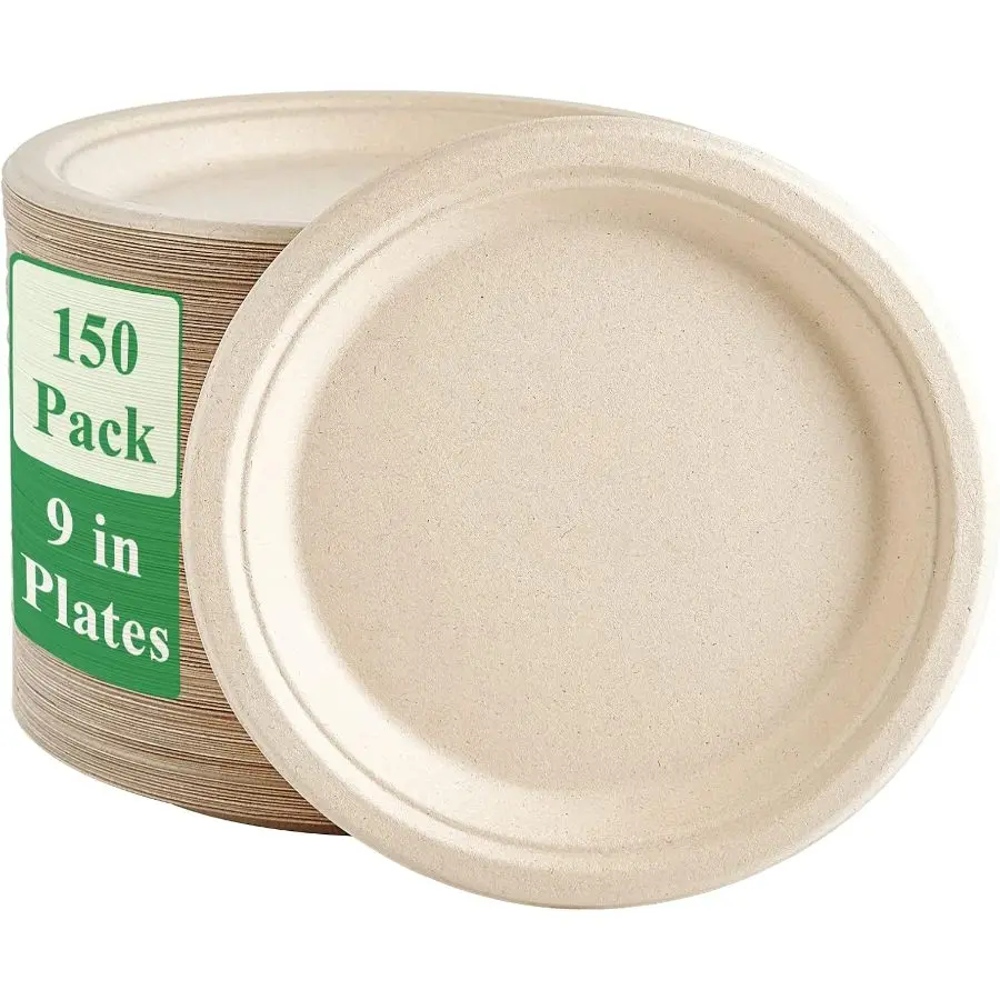 Vplus 150 Pack Paper Plates 9 inch 100 Compostable, Heavy-Duty Disposable Paper Plates Bagasse Natural Biodegradable Eco-Friendly Sugarcane
