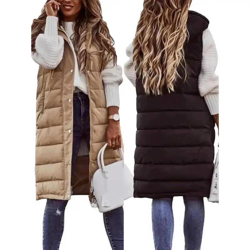 Women Warm Keeping Long Gilet Solid Colour Sleeveless Zipper Puffer Jacket Hooded Waistcoat Midi Length Down Vest Thicken Quilted Coat Padded Outwear Streets Casual Winter