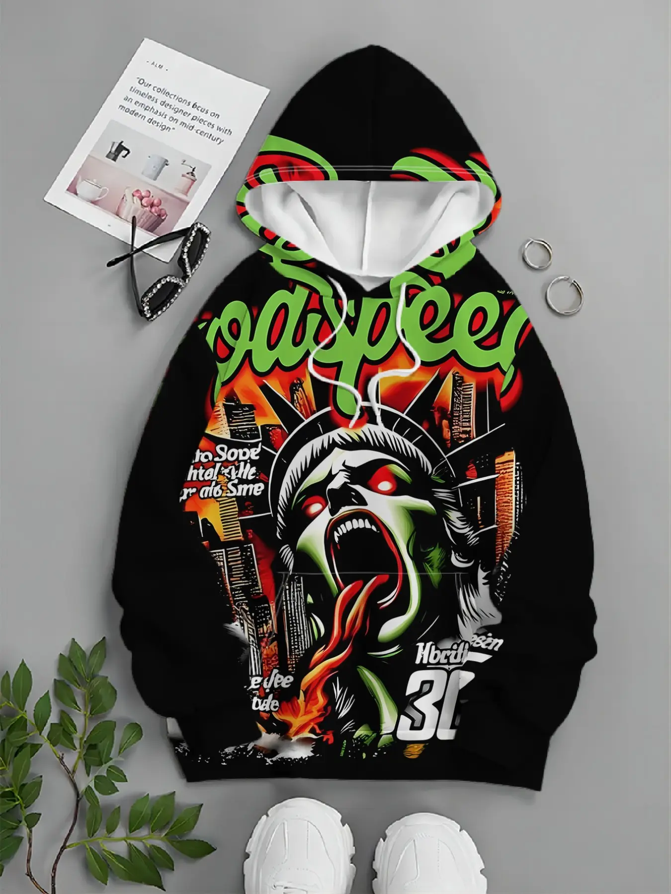 Men's Halloween Streetwear Sweatshirt, Zombie Statue Graffiti Print, Casual Loose-Fit Hoodie, Hip-Hop Fashion, Unisex Design