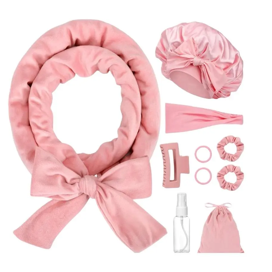 Soft Velvet Heatless Curlers for Women, 70" Pink Hair Curling Rod, Overnight Ribbon Rods for Long Hair, 9-Piece Mother's Day Gift Set with Satin Bonnet, Curling Styling Tool