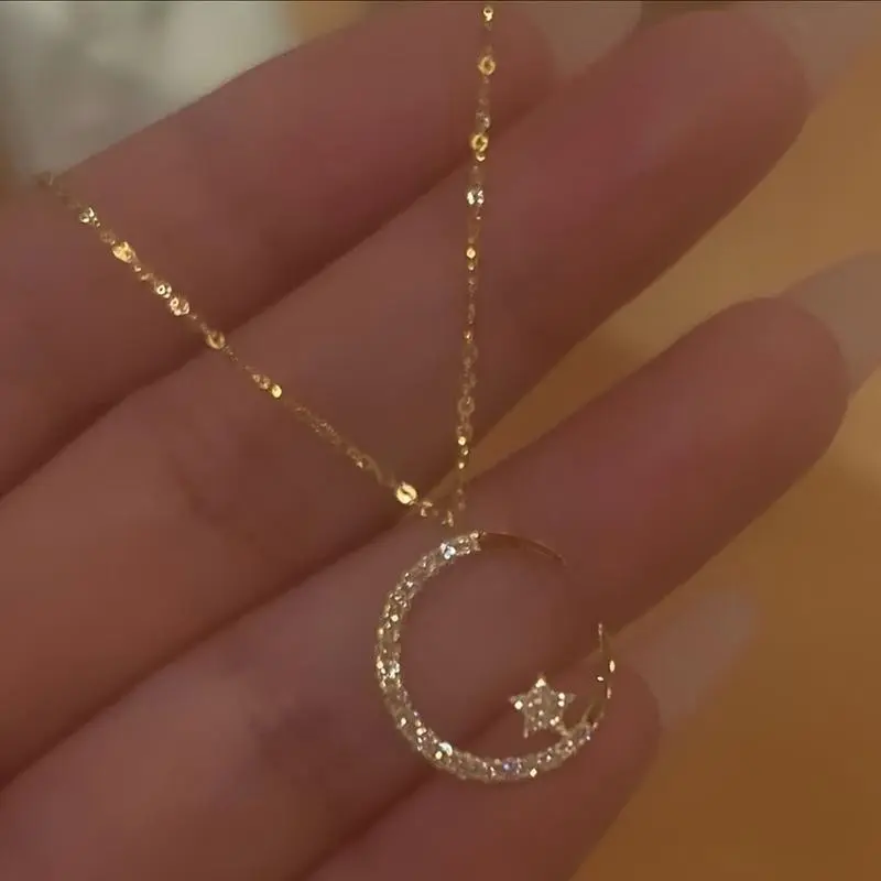 Super Shining Refined Zircon Eid Pendant Necklace, Simple Elegant Cute Wild Daily Wear Clavicle Chain Jewelry