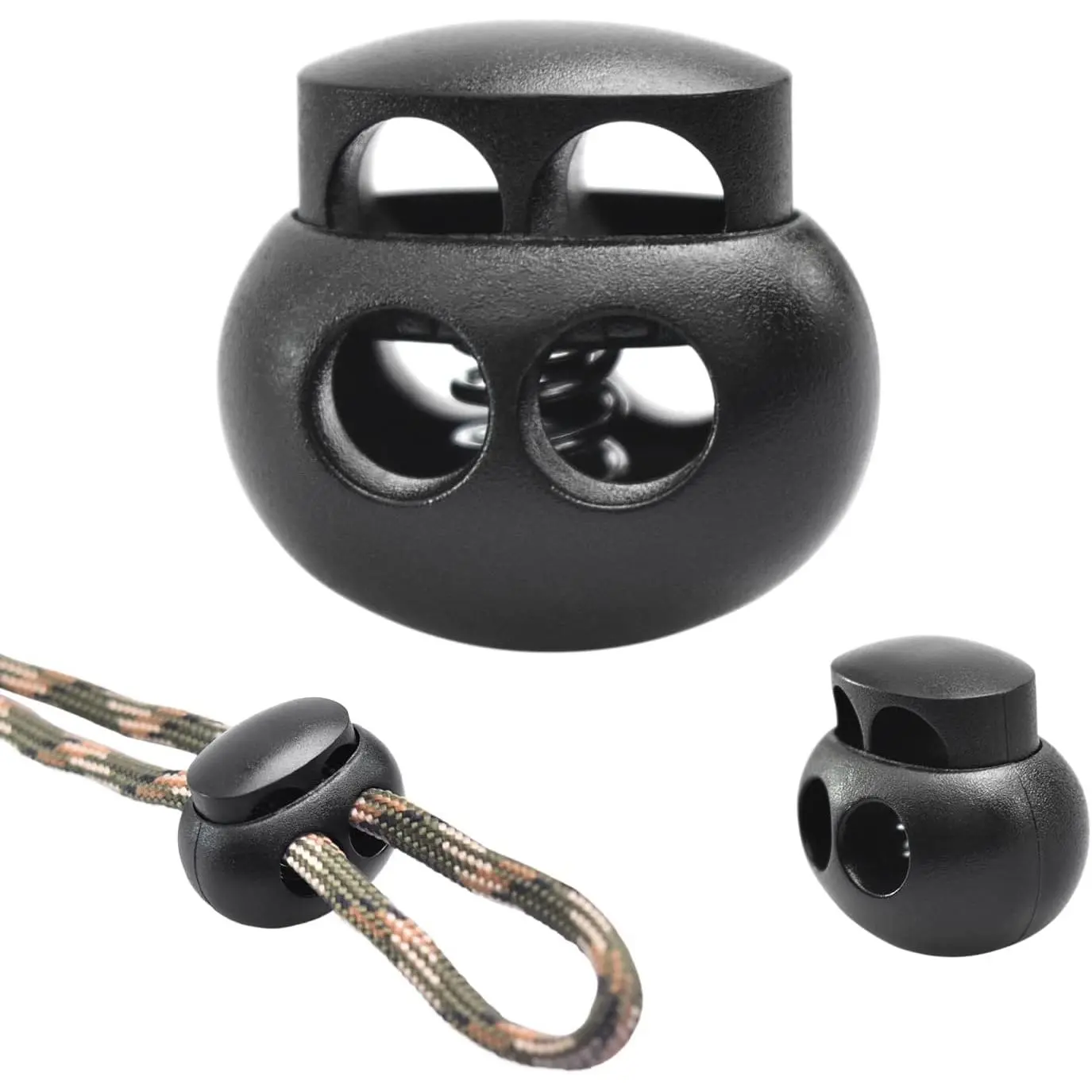 25 count Spring Cord Lock End Stopper Fastener Slider Toggles Clip Double Hole Round Plastic for Drawstrings Lanyard Paracord Elastic Bungee Shock Cord Rope Shoe Lace Tie Locks Shoelace Lace Lock