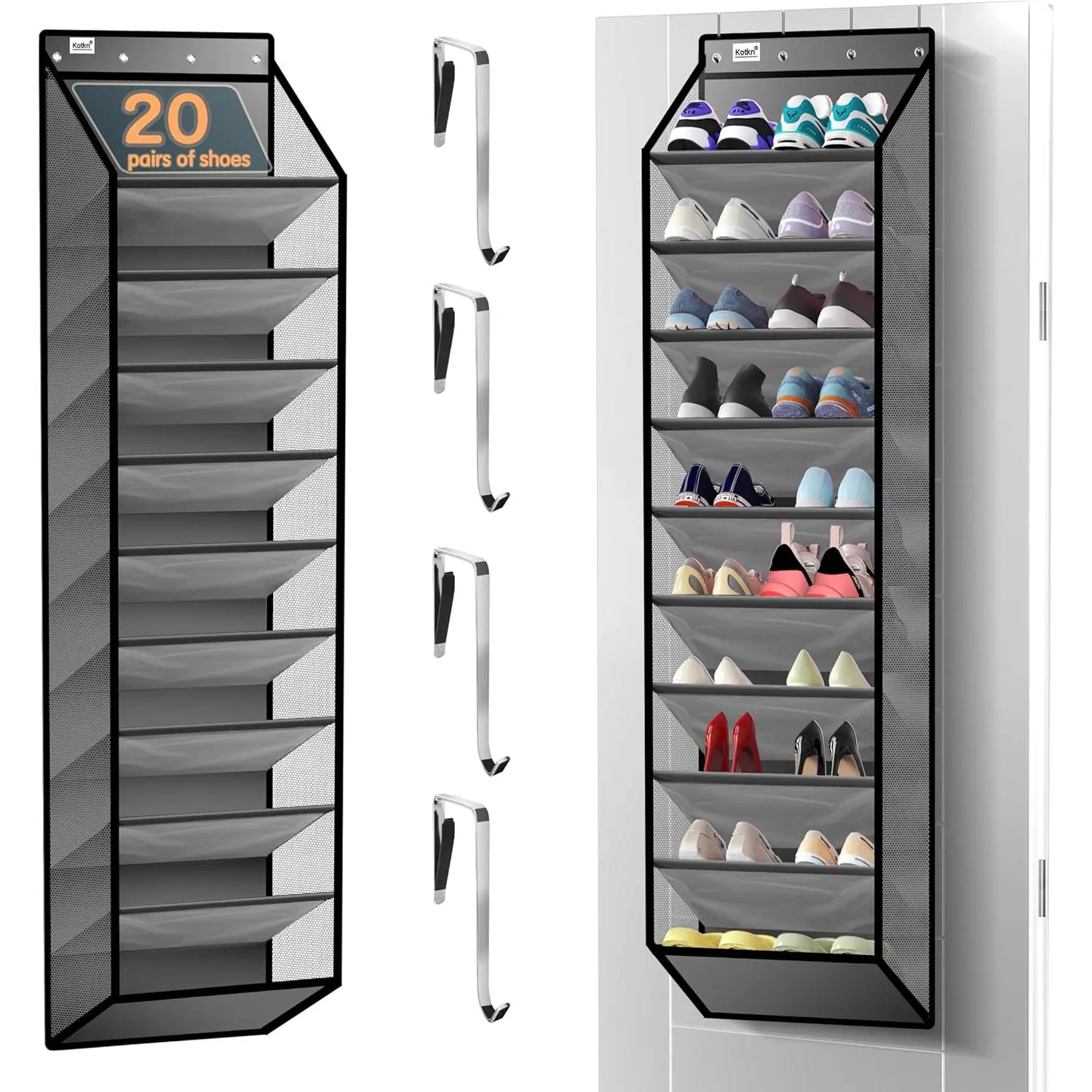 10 Tier Over The Door Organizer - Duty Rack with Sturdy, Holds 20+ Pairs of Footwear, Boots & Sneakers, Saves 50% Closet (Gray)