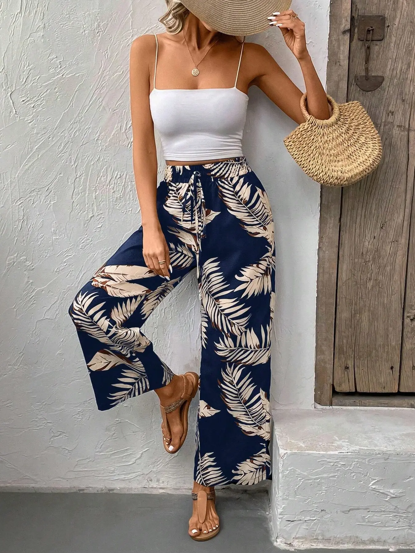 Women's Leaf Print Wide Leg Trouser Pants, Tropical Vacation Pants, Drawstring High Waist Loose Fit, Summer Beach Resort Long Pants with Pockets