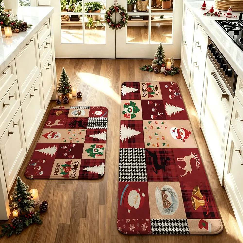 2-Piece Christmas Kitchen Rug Set, Snowman Santa Reindeer Tree House Plaid Print, Waterproof Oil-Resistant Non-Slip Decorative Mat