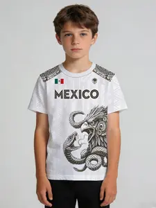 Boys' Sports T-Shirt, Mexico Eagle Snake Coat of Arms Print, White Mayan Shoulder Pattern Crew Neck Short Sleeve, Soft Sweat-Wicking No Deformation, for PE Training Soccer Outdoor Party, Machine Washable Kids Gift