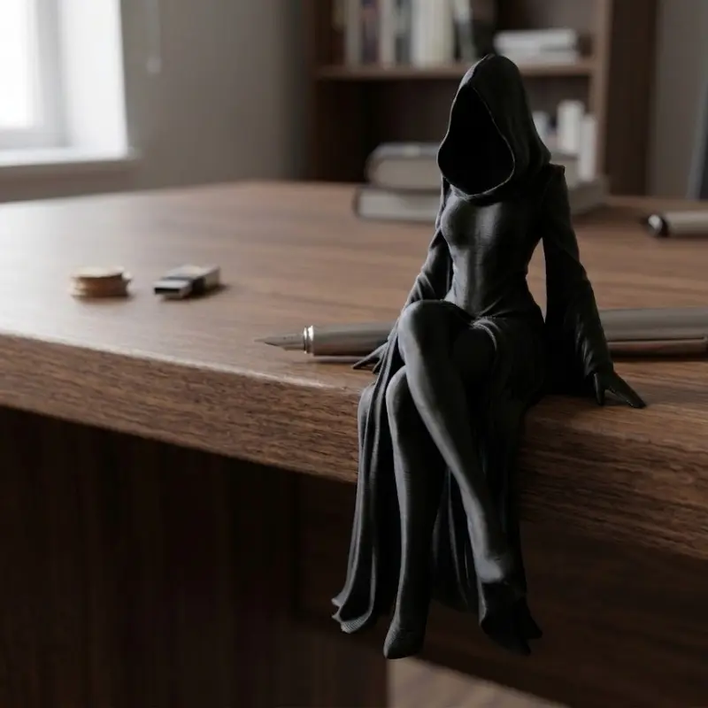 Retro Dark Goth faceless witch statue, elegant robe hem, slim texture, mysterious hood humanoid sculpture, decorative ornaments, Gothic fantasy ornament, suitable for table, window sill, shelf decoration, is a unique housewarming gift for dark fant