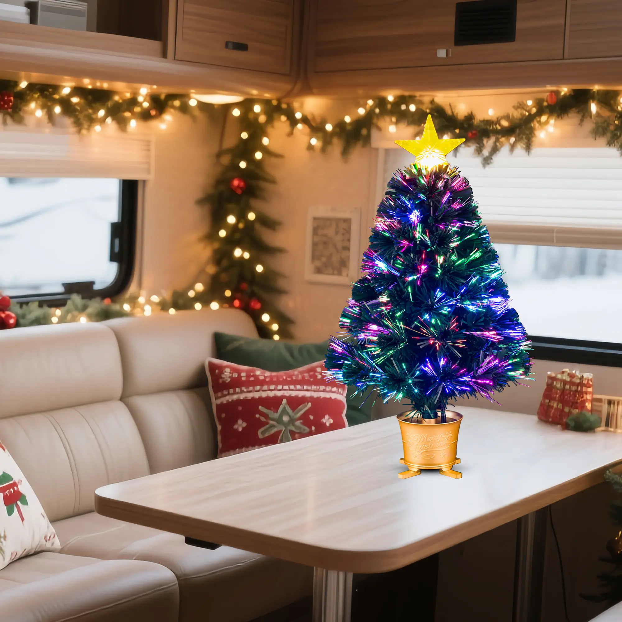 60cm Christmas Tree with Fiber Optic Lights, Star Top, Warm Lighting, RGB Changing Bowl, USB Plug, Indoor Decor