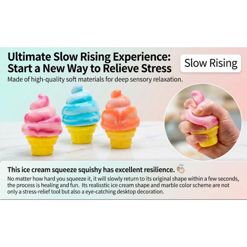 3-pack Ice Cream Soft Gel Filled Sensory Squeeze Toy - Stretchy Jelly Squishy Stress Relief Ball, Calming Anxiety Fidget