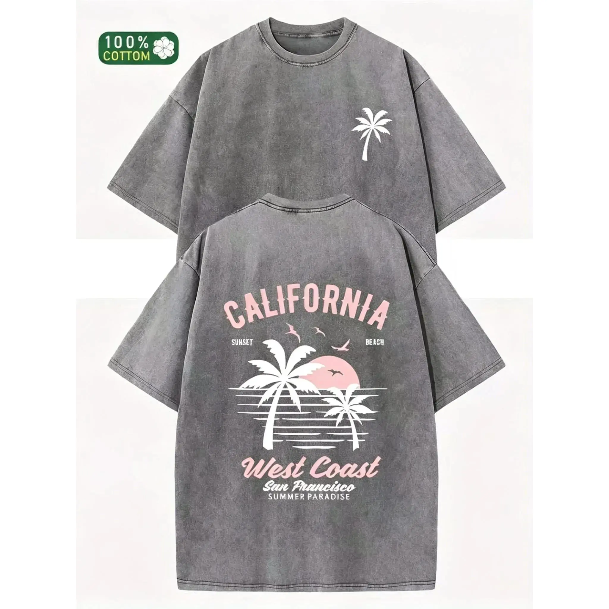 Unisex Washed Cotton California Graphic Garment Top - 230g Soft Vintage Oversized Surf Beach Tee, Loose Baggy Crewneck with Palm Trees, Retro Print, Fashion Office Summer Casual Sports Top, Machine Washable, Tshirt, Round NeckWashed T-shirt, Streetwear, G