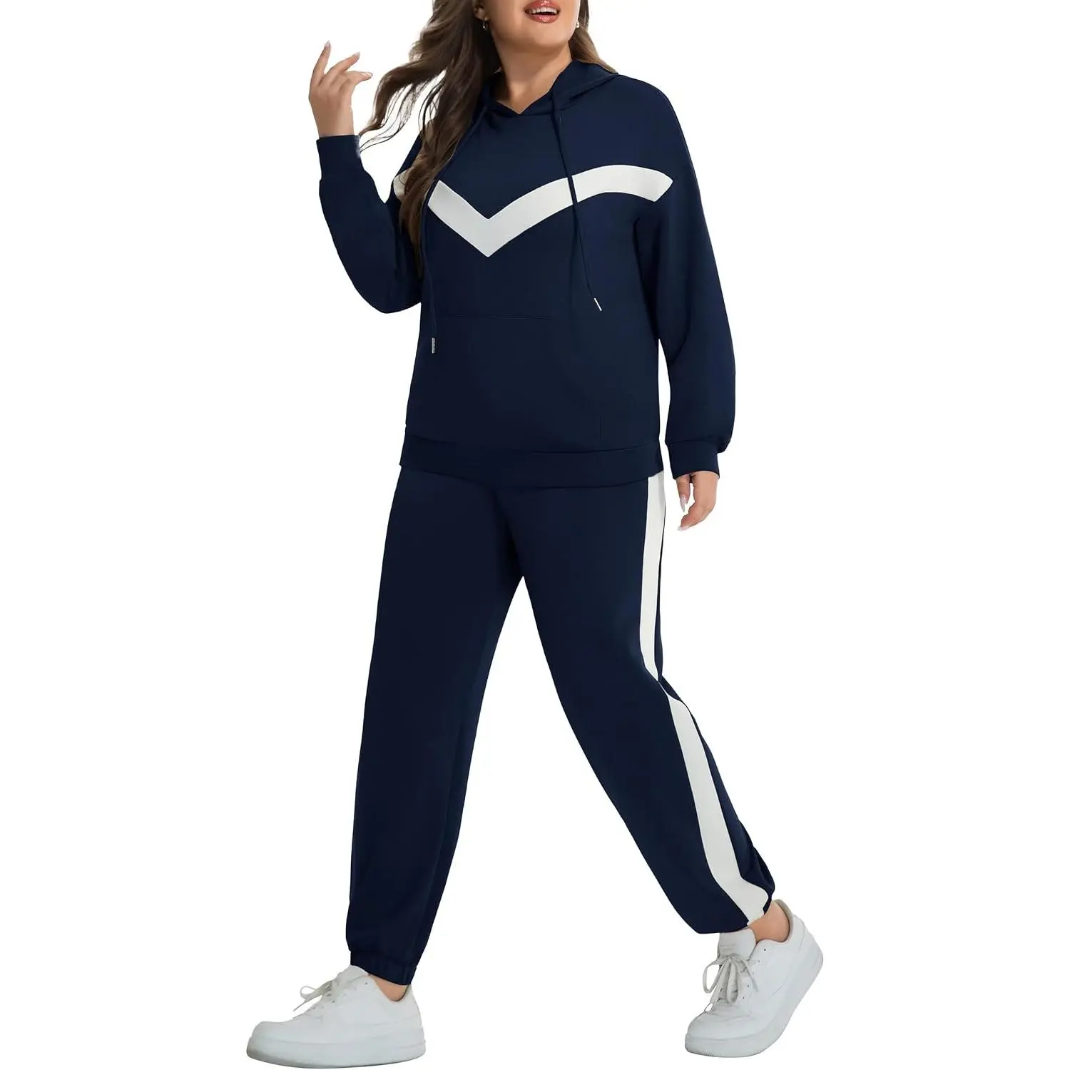 Women's Plus Size 2 Piece Tracksuit Set, Baggy Color-Block Pullover Hoodie and Sweatpants, Lounge Outfit with Pockets for Gym Fits, 4X, 5X, Side Pockets, Soft Blend, Trips, 1X, True Sizes, Hooded Neck, Chic Look, 2X, 3X, 55% Rayon, Striped Long Sleeves, L
