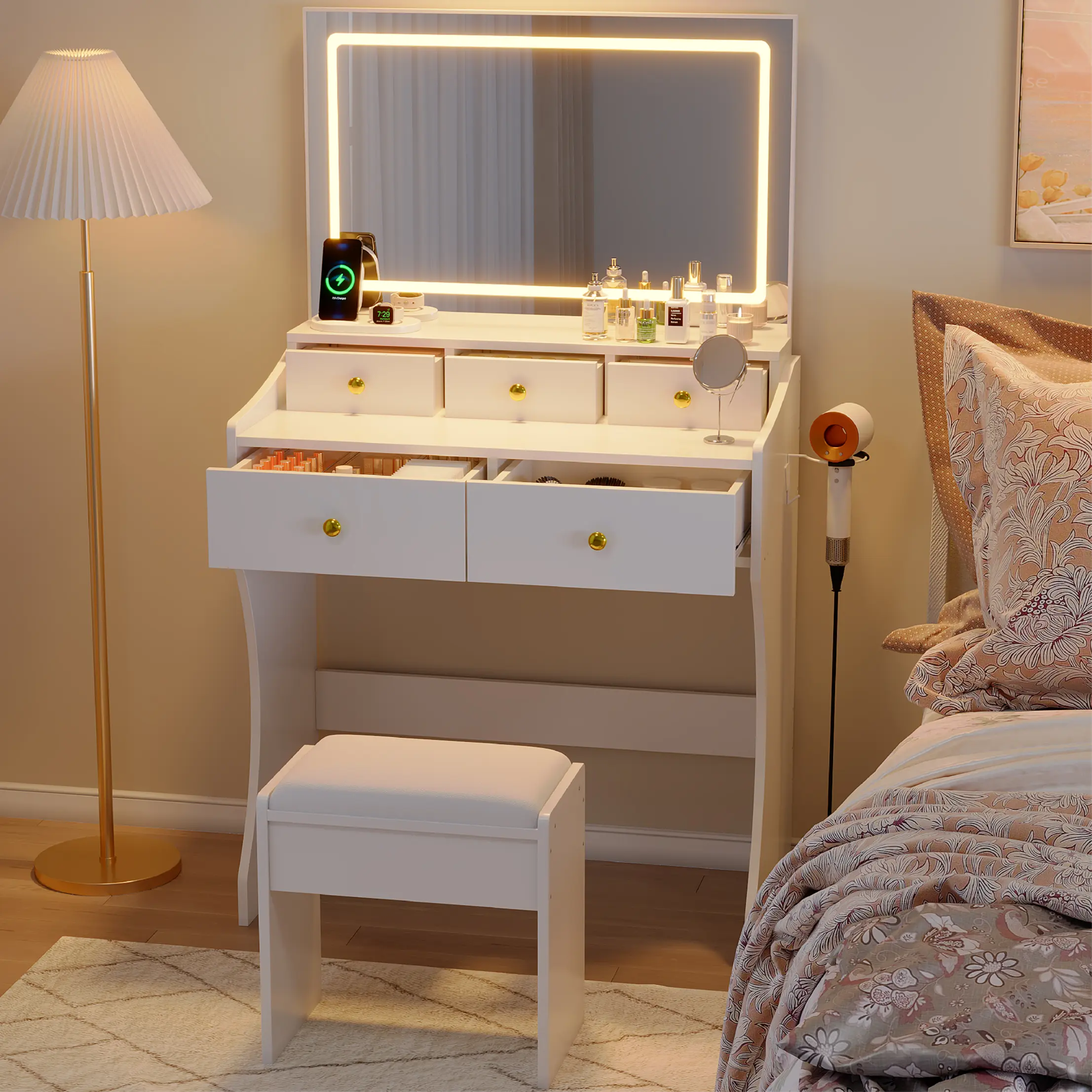 Modern LED Backlit Vanity Table Set with Matching Stool, 80cm Makeup Dressing Desk for Makeup Organization, Particle Board Bedroom Cosmetic Station with Drawers & Built-In Power Outlet