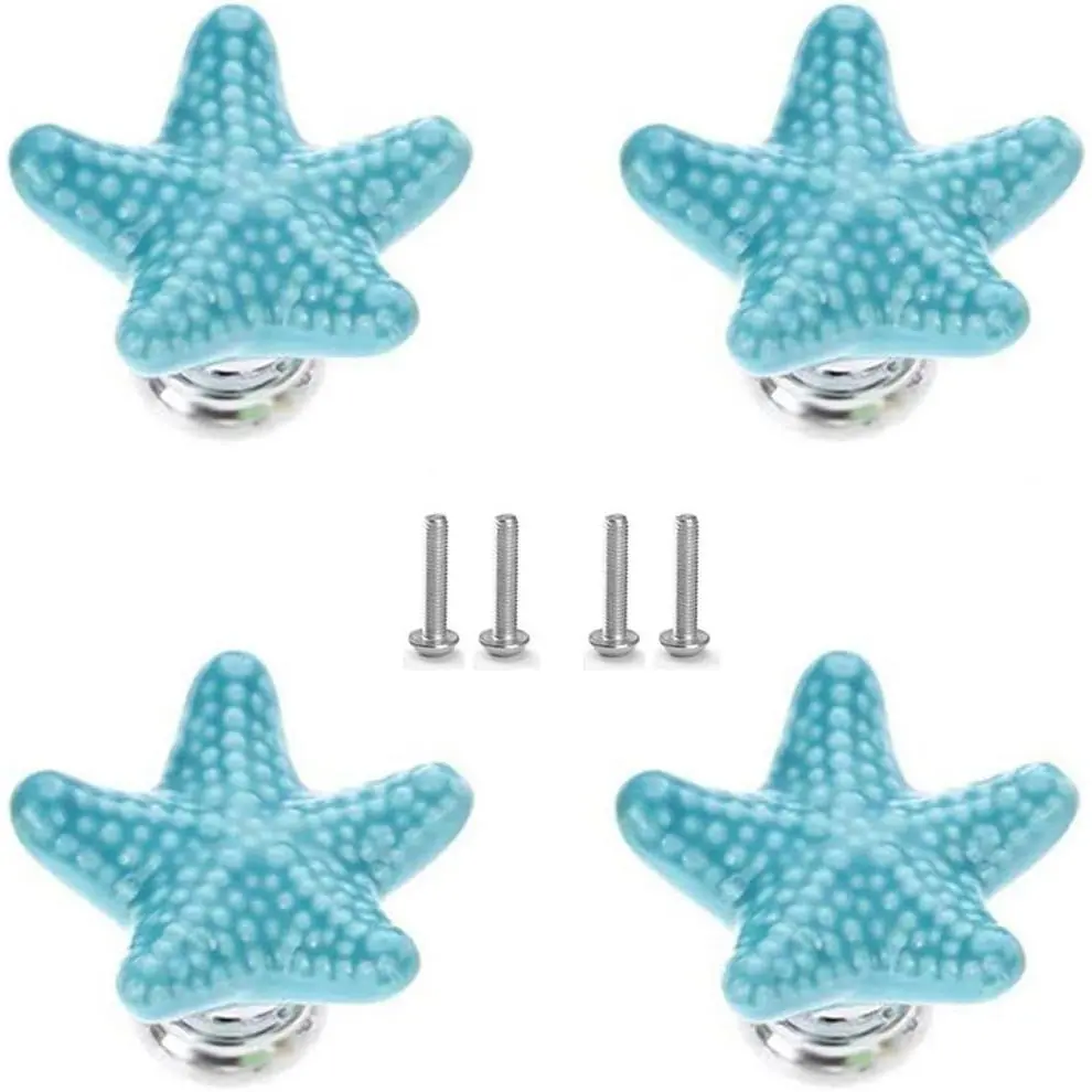 4 Pcs Starfish Drawer Knobs Coastal Blue Ceramic Cabinet Knobs, Ocean Beach Theme Nautical Drawer Pulls, Zinc Alloy Handles with Screws, Easy to Install for Kitchen Bathroom DressersGift