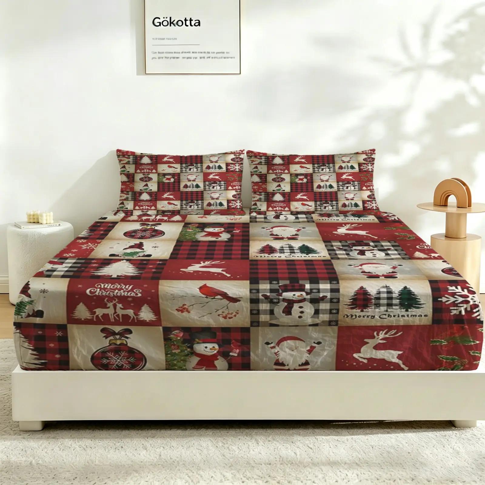 3Pcs Red & Black Plaid Christmas Bedspread Set, Decorative Bedding Set With Reindeer, Houndstooth & Herringbone Patterns, Breathable Polyester Duvet Cover & 2 Pillowcases, All-Season Bedding, Holiday Gift (No Comforter Included)
