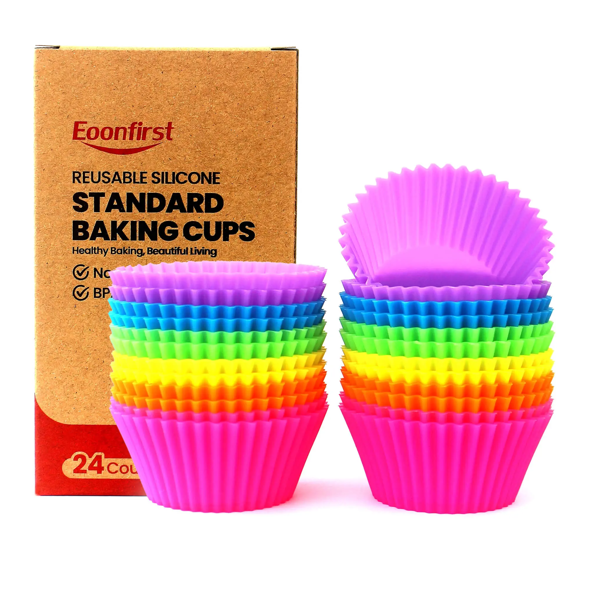 Reusable Non-Stick Silicone Baking Cups, BPA Free, Muffin Liners for Cupcakes, Dishwasher Safe, Microwave and Oven Safe Multicolor (Pack of 24)