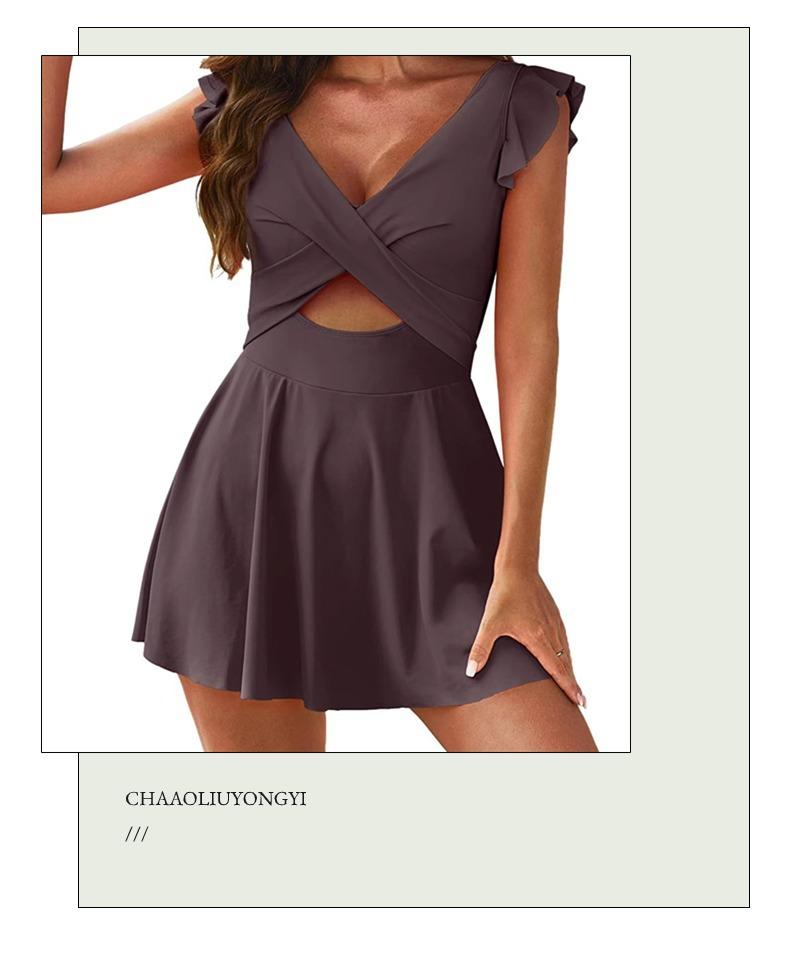 Popular One-Piece Swimsuit for Women with Ruffled Cross-Strap Skirt Tankini Design in Polyester Fiber with Chest Pads for Swimming and Wading Sports