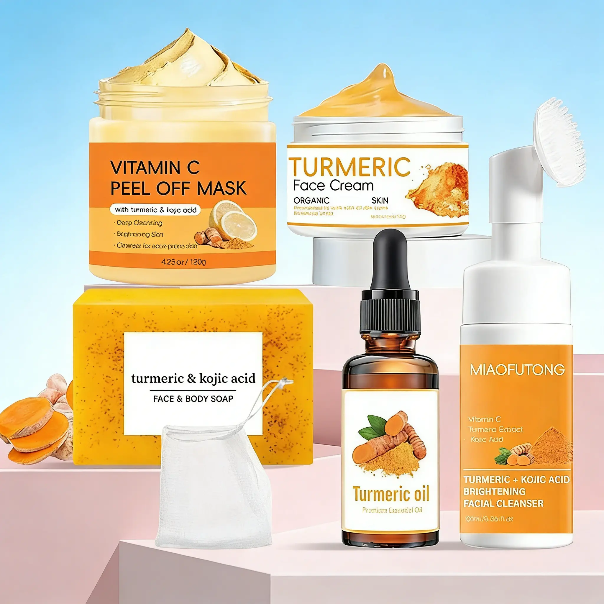 Turmeric Kojic Acid Skin Care Set, Vitamin C Peel Off Mask, Turmeric Face Cream, Facial Cleanser, Turmeric Essential Oil & Face Body Soap, Natural Gentle Daily Facial Kit for All Skin Types, Hydrating & Even Tone Skin Care Routine Gift Set