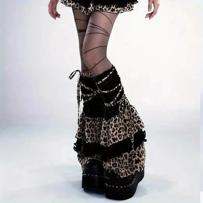 Y2K Leopard Print Lace Trim Volumizing Leg Warmers Fashion Subculture Women Leg Accessory