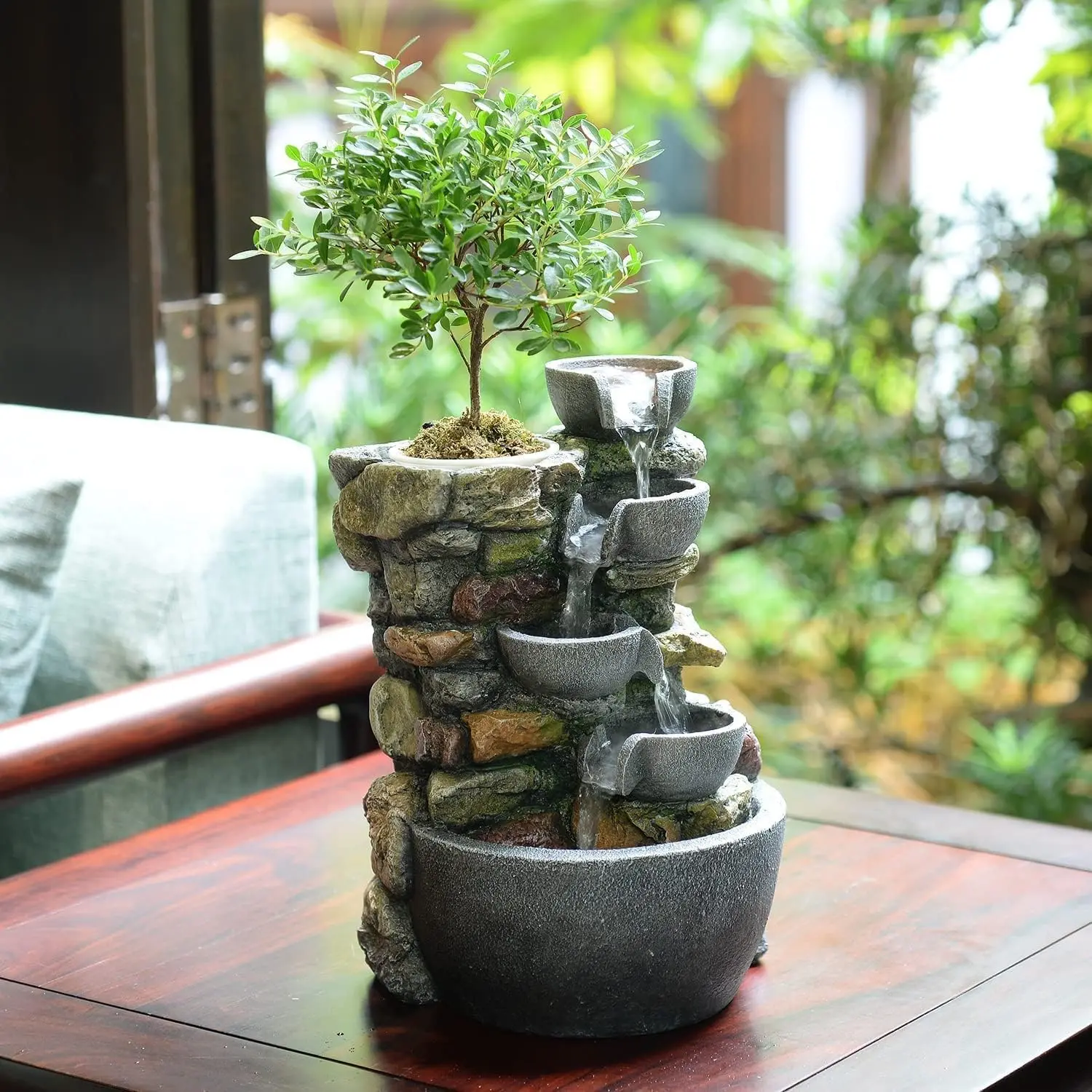Indoor Fountain 4-Bowl Rockery  Sound Tabletop Fountains /Office Decor  for Mom,Mother Day Present with A Small Plastic Pot to Grow /Hebs By Yourself (Automatic Watering)