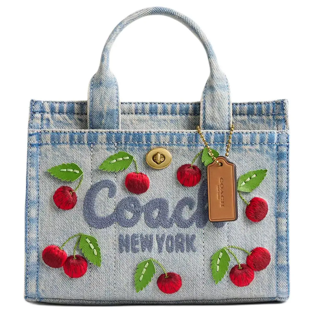 COACH Cargo 20 Crossbody Handbag for Women – Cherry Embroidery, Metallic Hardware, Fabric, Small Size, Mixed Denim Color