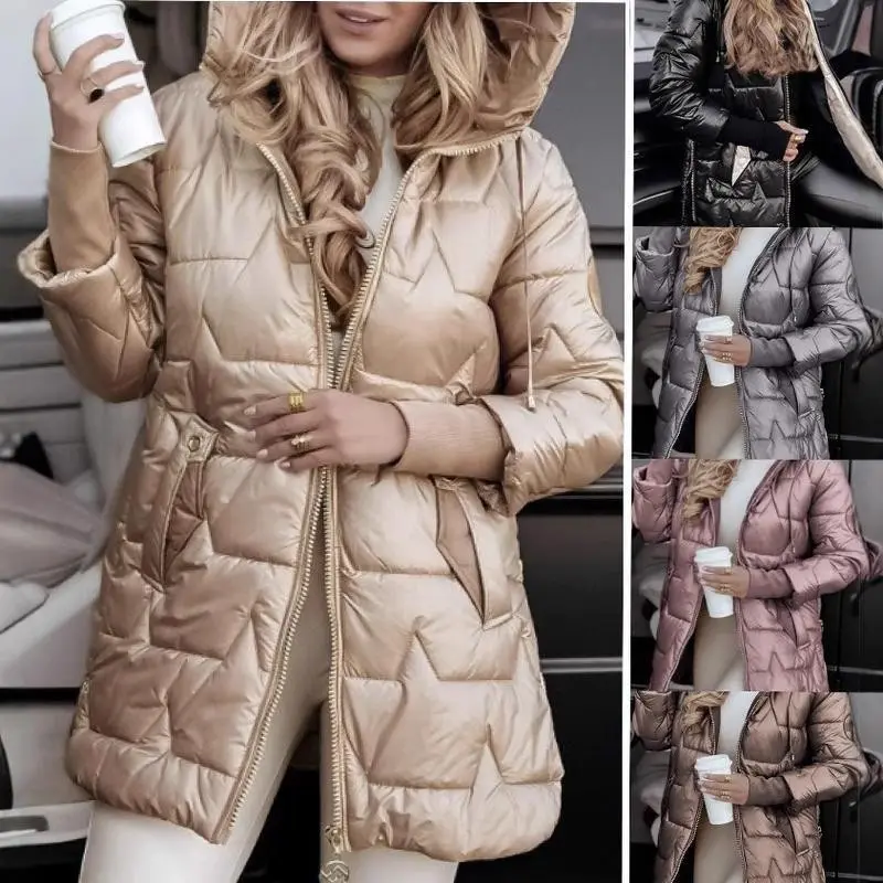 Autumn and Winter European and American Hooded Cotton-Padded Jacket Mid-Length Cotton-Padded Jacket Three Zipper