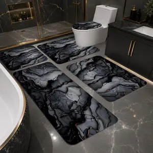 3/5Pcs Black Gold Marble Bathroom Mat Set, Bath Mats For Bathroom, Abstract Fluid Art Non-Slip Absorbent Bath Mat, Quick Drying Mat, Toilet Lid Cover & U-Shaped Mat, Modern Bathroom Decor, Marble Texture Accessory, Bathroom Floor Mat