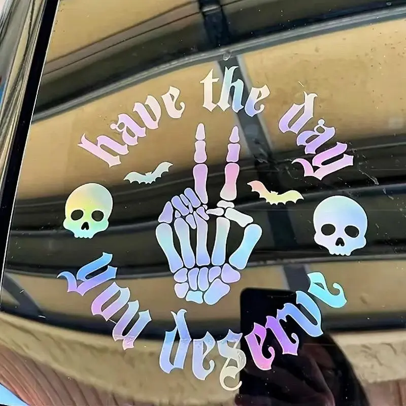 Laser Skull Hand Gothic Car Decal Weatherproof Vinyl Sticker, Funky, Laptops, Cars, Holographic, Dark Humor, Peace Sign, Peppy, Year-Round, Skull Bat Stars, 20*20Cm, Basic