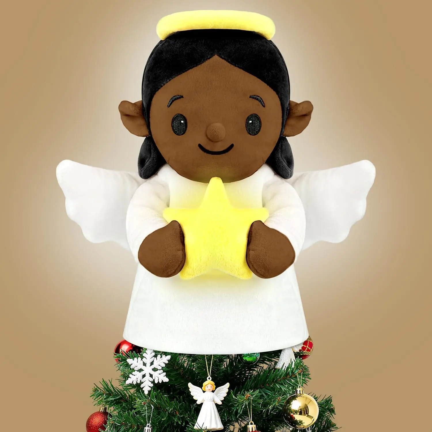 Angel Christmas Tree Topper,9In Black Cute Plush Angels Tree Topper with   of Bethlehem  Decor for Winter Xmas Party Indoor/Outdoor Tree Topper Decoration
