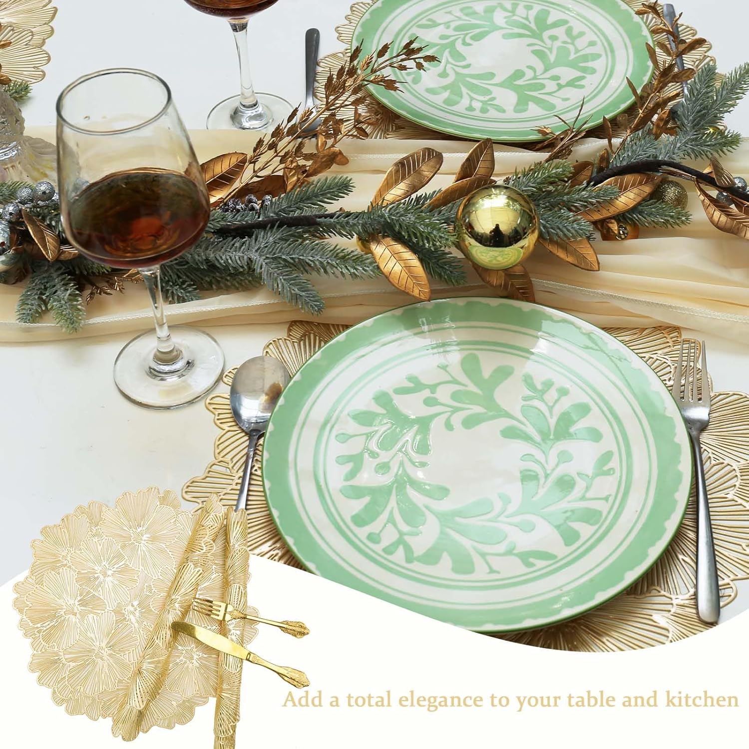 Metallic Golden Vinyl Placemats Set of 6 Hollow Out Placemats Heat-Resistant Place mats Shining Table Mat 15 inches Decorative (Golden ,6pcs)