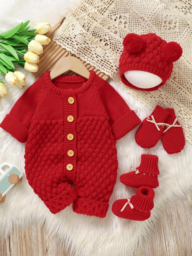 Baby's Button Front Sweater Jumpsuit & Pom Pom Decor Baby Bonnet & Bow Decor Mittens & Knit Baby Shoes Set, Cute Onesies Set for Newborn Infant Kids, Newborn Gift Set, Baby Clothing