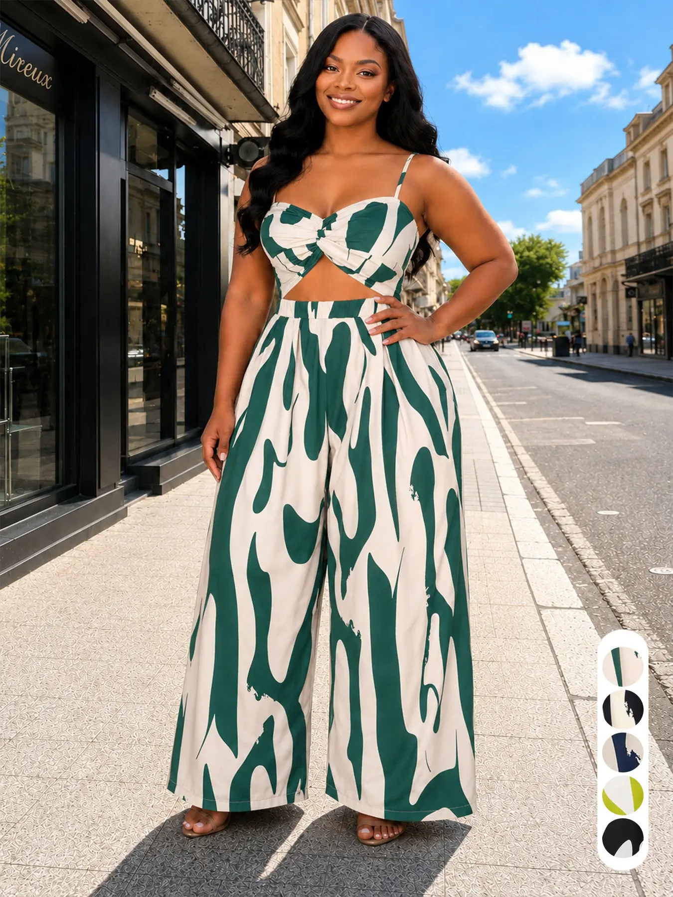 Women's Plus Size Abstract Print Wide Leg Jumpsuit, Spaghetti Strap Twist Front Cutout High Waist Casual Everyday All-Season Outfit, Overall Jumpsuits
