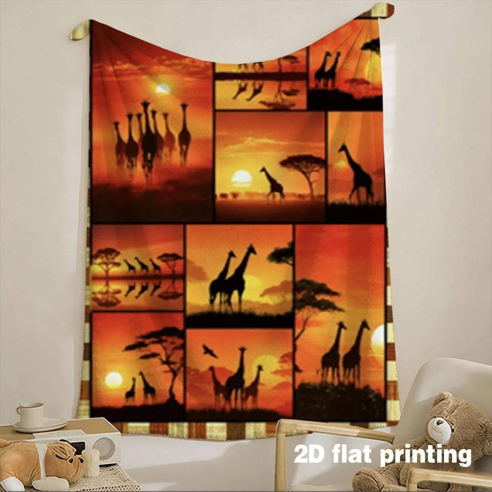 Warm 2D Digital Printed Giraffe Savanna Sunset Patchwork Throw Blanket, Soft Cozy Small Nap Blanket with Multiple Specifications Available, Perfect for Relaxing on Couch, Bed, Office Break & Leisure Time