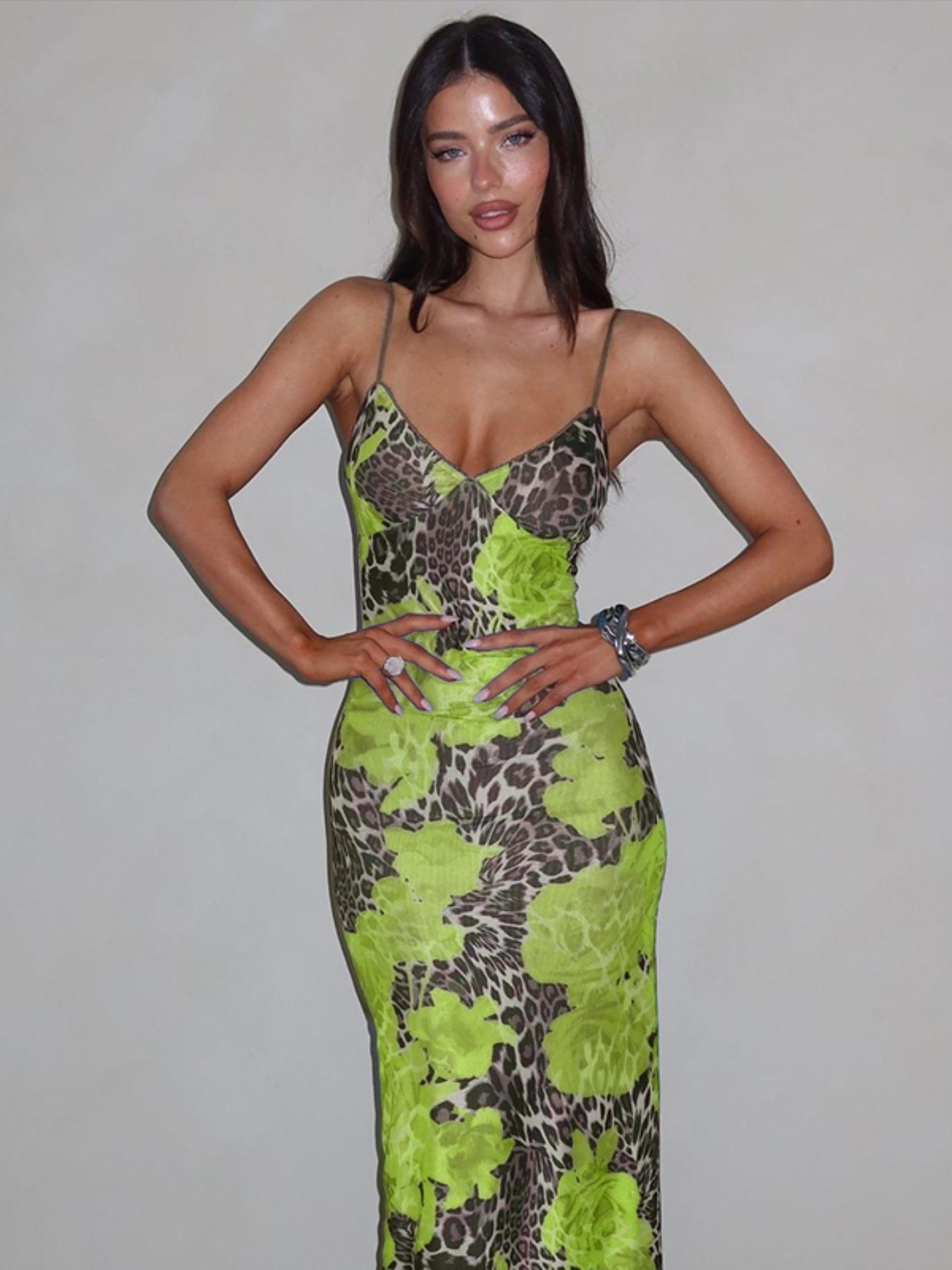 Women's Leopard & Floral Print Cami Spaghetti Strap Dress, Fashion Casual Sleeveless Bodycon Maxi Dress for Party Club Dating Wear, Ladies Summer Clothes