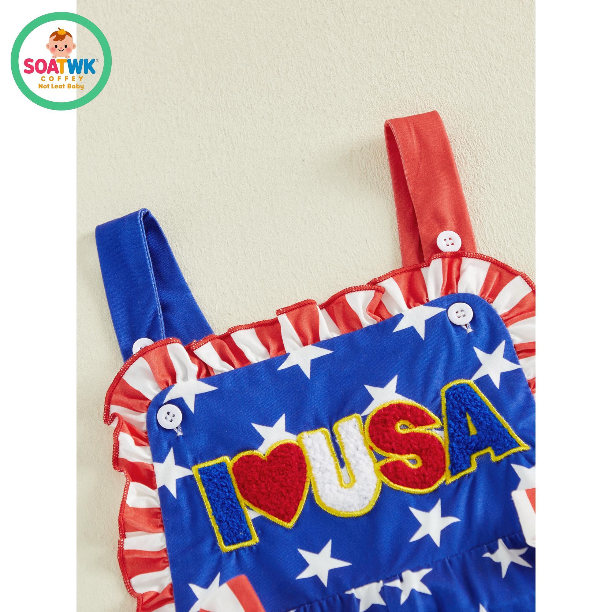 Baby Girl Fourth of July Romper Sleeveless Stars and Stripes Print Bow Jumpsuit Toddler Overalls