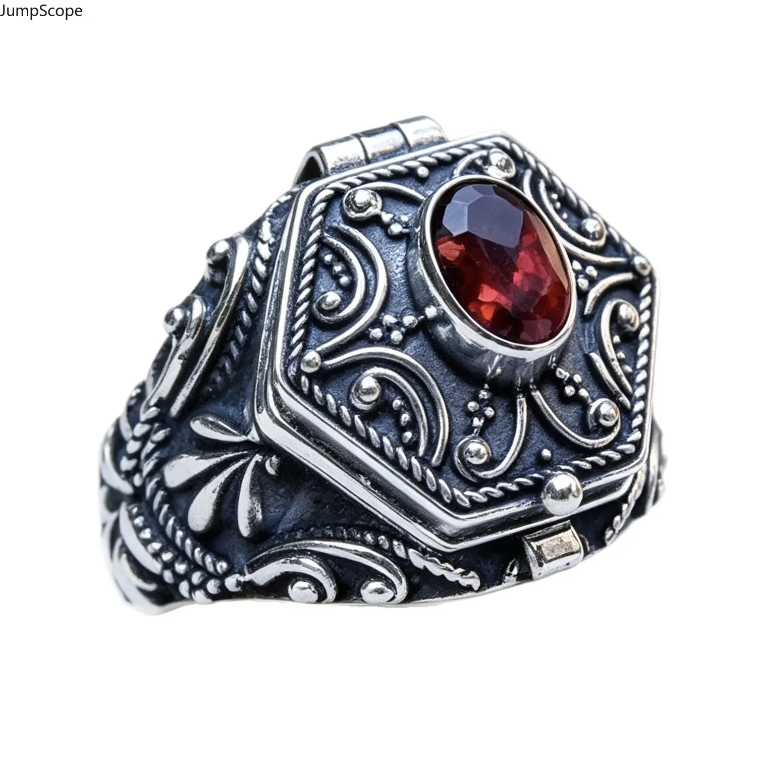 Vintage Filigree Red Garnet Flip Top Locket Ring, Antiqued Silver Plated Engraved Secret Compartment Unisex Statement Band for Men Women Boho & Mystic Daily Wear