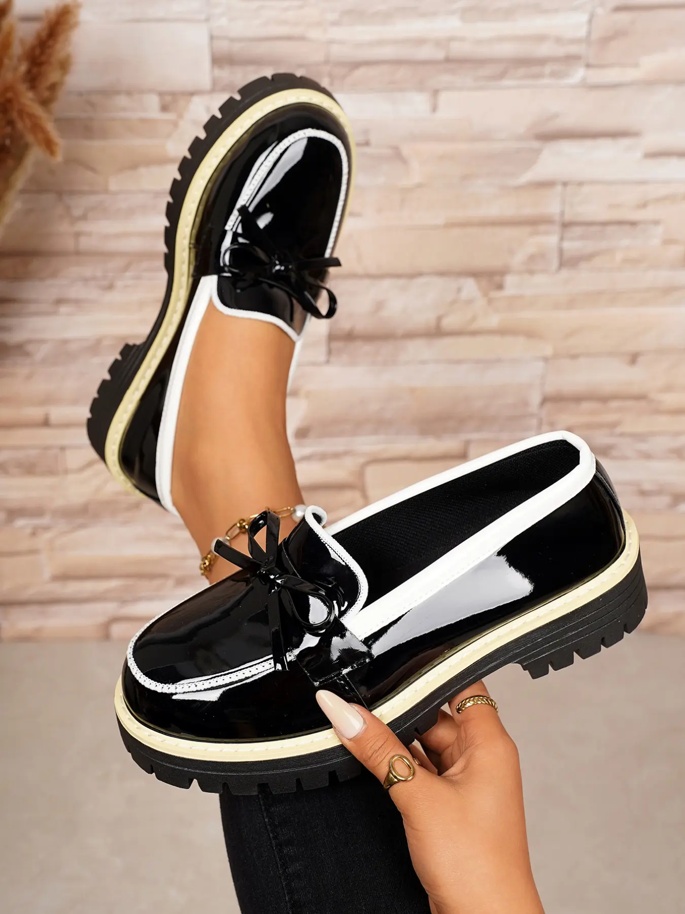 Women's Bow Design Loafers, Casual Slip-On Shoes, Elegant Casual Shoes, Thick Sole, Anti-Slip, All Seasons, PU Leather, Rubber Sole, British Style