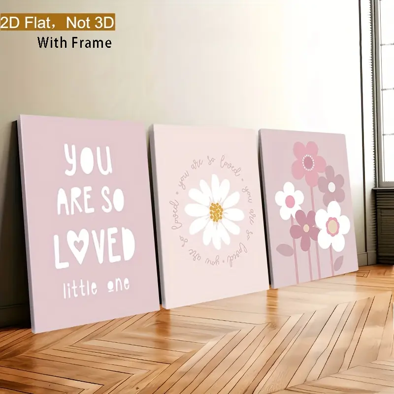 The physical product is a flat, 2D framed piece. It is a 3-piece set of Bohemian pink lily wall art, a framed floral poster with a foundation pattern, a neutral wildflower room decoration, and a stylish themed framed wall hanging