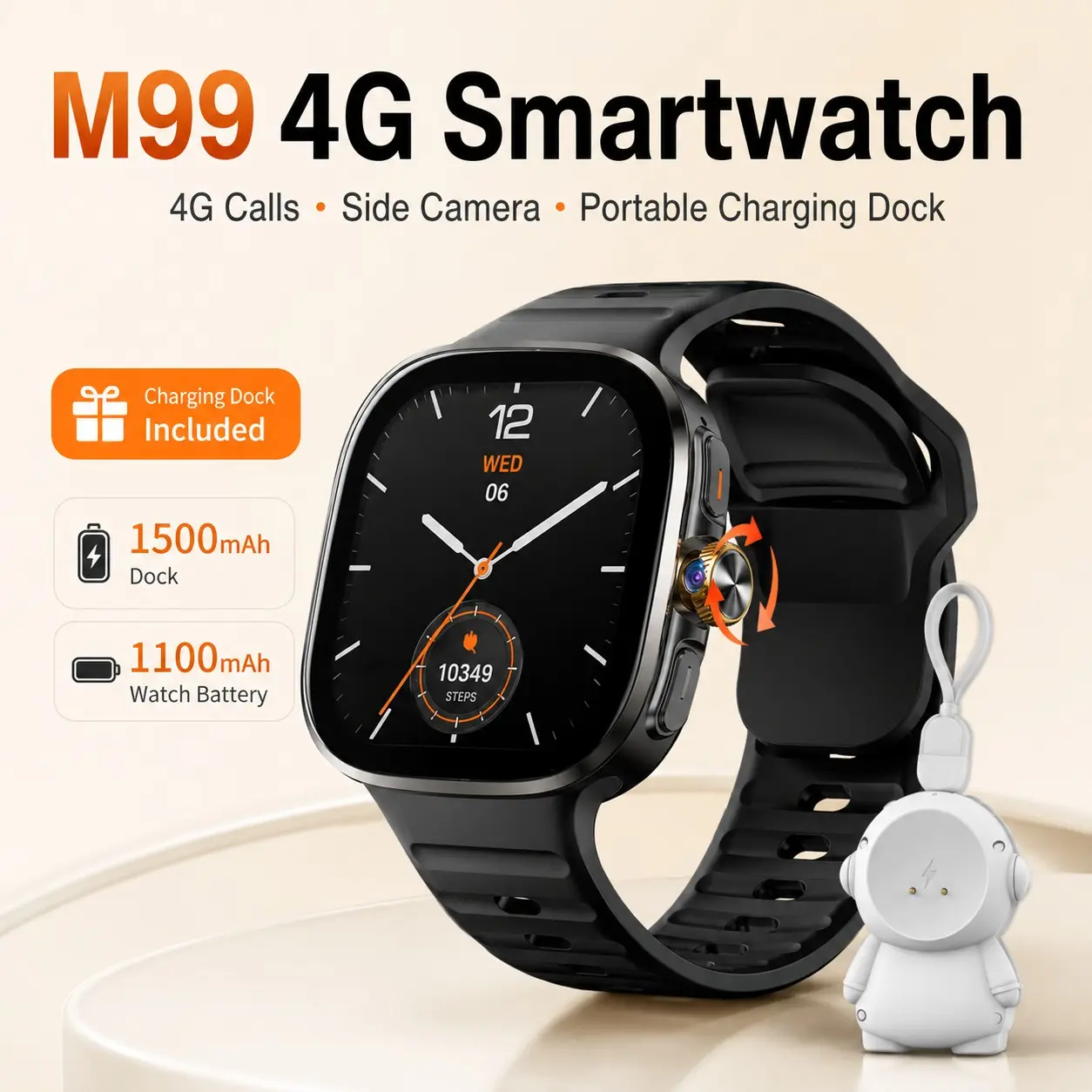 M99 4G Android Wearable Smartwatch with 1500mAh Portable Charging Dock, 2.4 Inch AMOLED Large Screen Smart Watch, 190° Rotating Side Camera, GPS WiFi App Download for Men Women