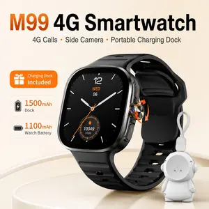 M99 4G Android Smartwatch with 1500mAh Portable Charging Dock, 2.4 Inch AMOLED Large Screen Smart Watch, 190° Rotating Side Camera, GPS WiFi App Download for Men Women