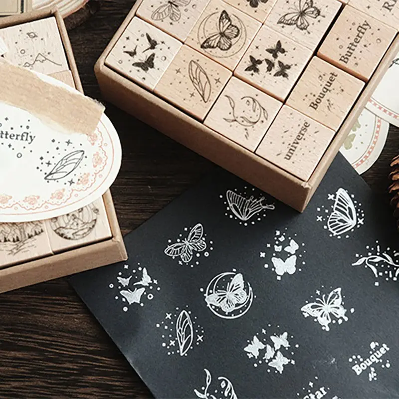1 Box 16 Wooden Stamps Set, Handmade DIY Stamp Kit, Moon & Sixpence Series, Perfect for Journal Decoration, Creative Craft Supplies