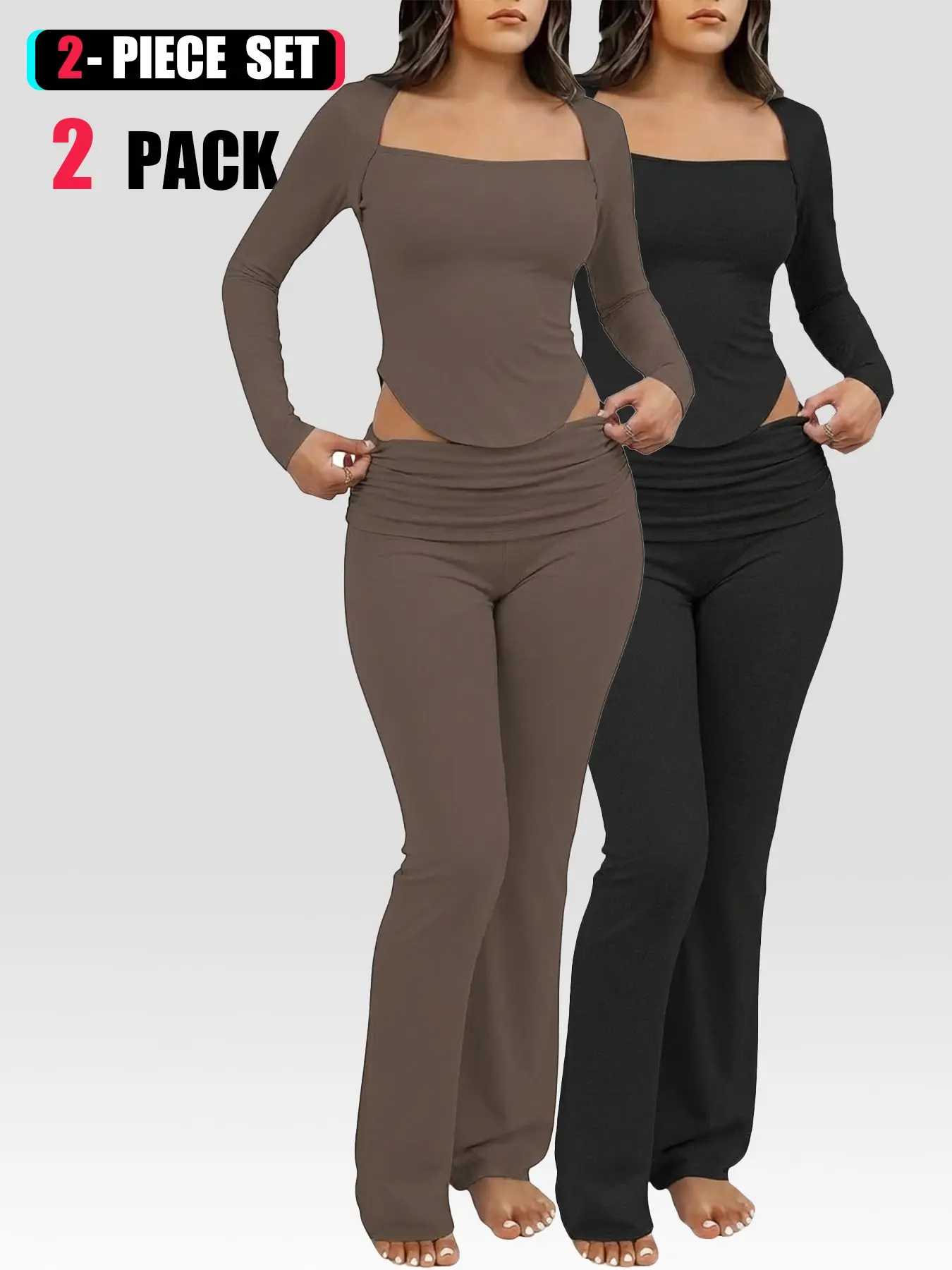 Slim-Fit Figure-Flattering Matching Set, Long-Sleeve T-Shirt with Square Neck, Asymmetrical Hem, Flared Trousers, Daily Wear & Workouts