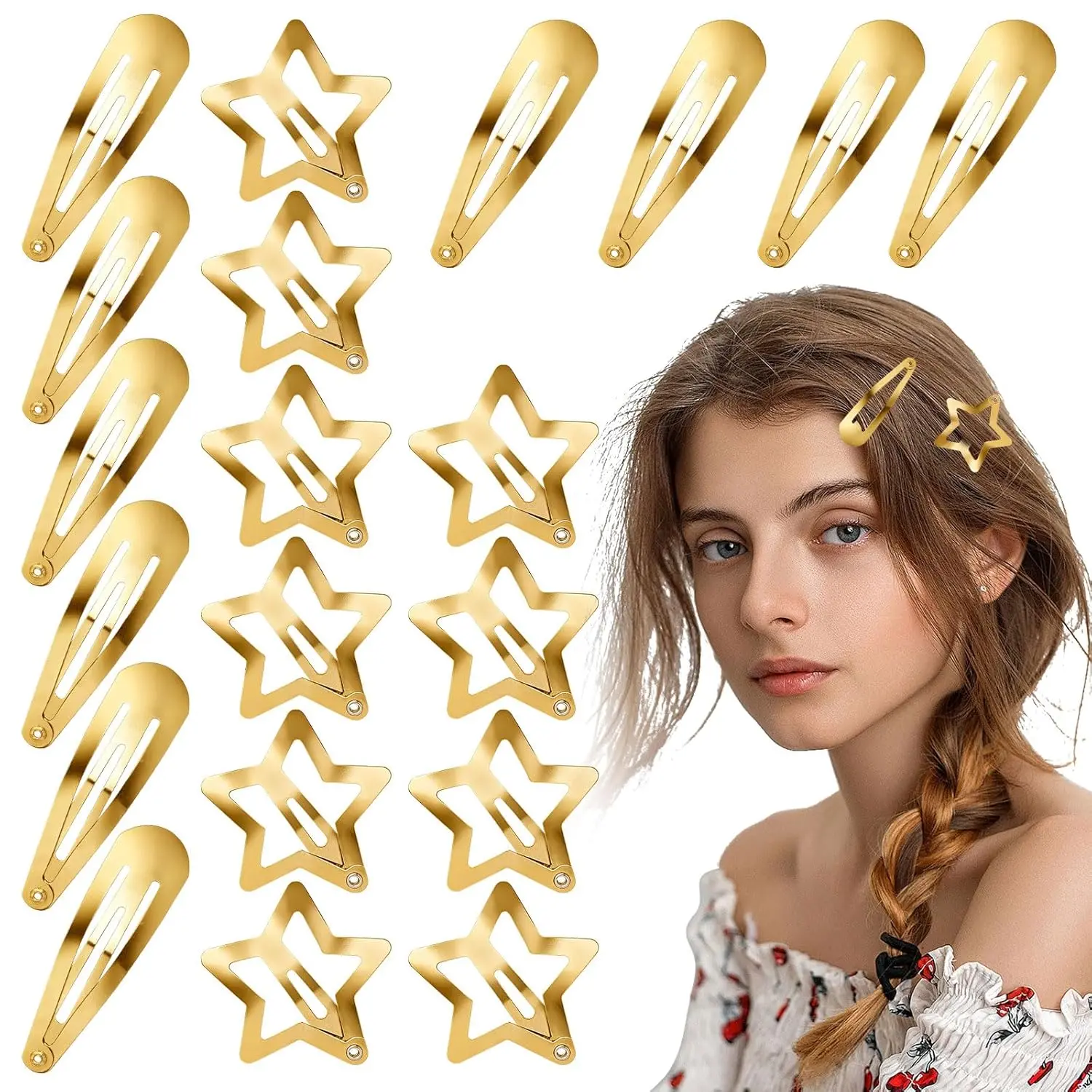 20 Pcs Star and Teardrop Hair Clips Set, Cute Snap Metal Barrettes & Hair Clips, Water Drop Non Fashion Slip Hair, 2 Kinds for Women Girls Hair Styling Gift, Gold