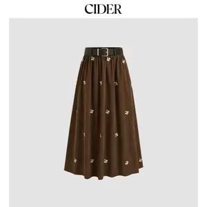 Cider [3 colors, size 2-26] Corduroy Mid Rise Floral Embroidery Ruffle Pocket Maxi Skirt With Belt