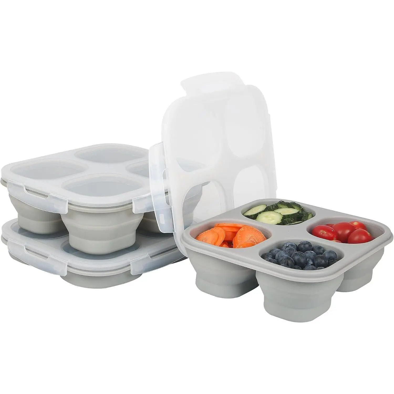 Collapsible   Storage Container, 4-Compartment Snack Containers Portion Control with Clip- Lid, Stackable, Space Saving, Microwave/Fridge/Freezer/Dishwasher Safe (3)