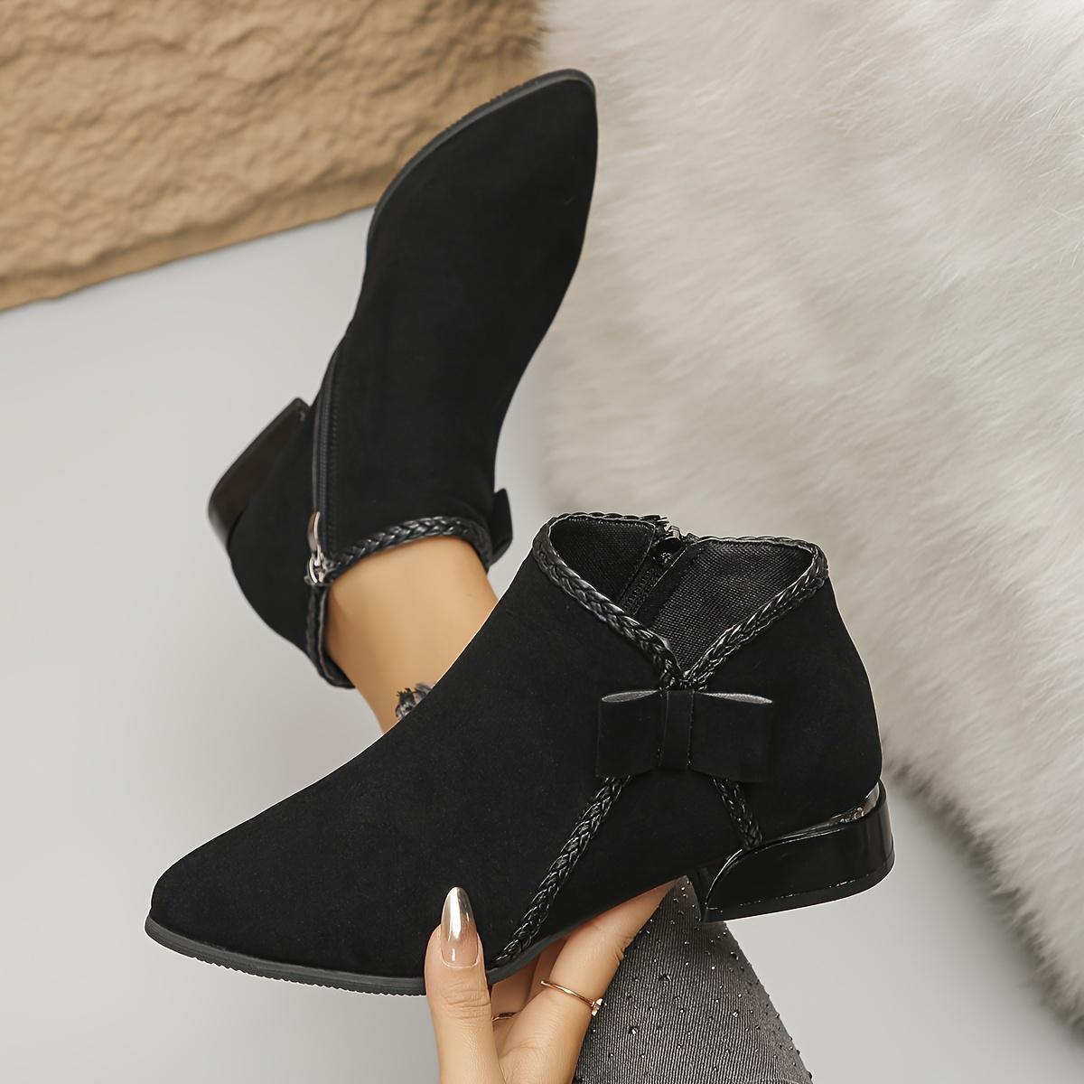 New Autumn/Winter Women's Mid-Heel Ankle Boots, Pointed Toe Single Boot with Bow, Fashionable and Versatile, Chunky Heel, Side Zipper, Women Shoes