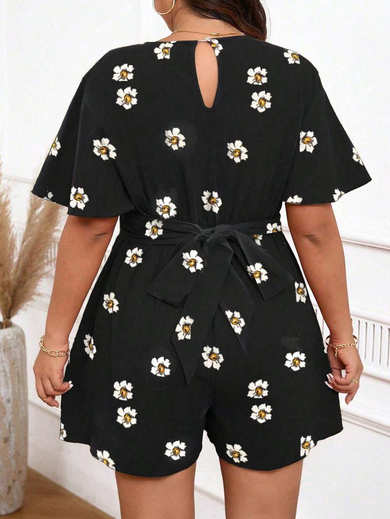【Plus Size】 Floral Print Rompers, Womenswear Casual Fashion Short Sleeve Romper for Daily Outdoor Wear, Women's Plus Clothing for All Seasons