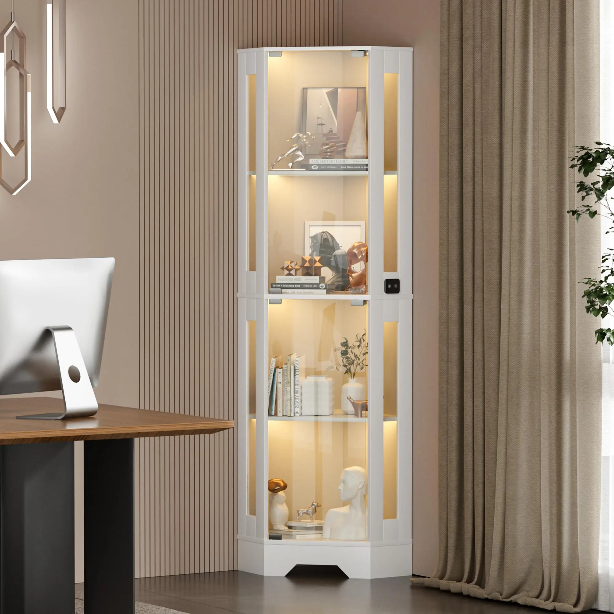 4-Tier Corner Glass Display Cabinet with 3-Color Dimmable LED Lights – Motion Sensor Curio Showcase, Glass Doors, Space-Saving Storage Rack for Living Room, Dining Room