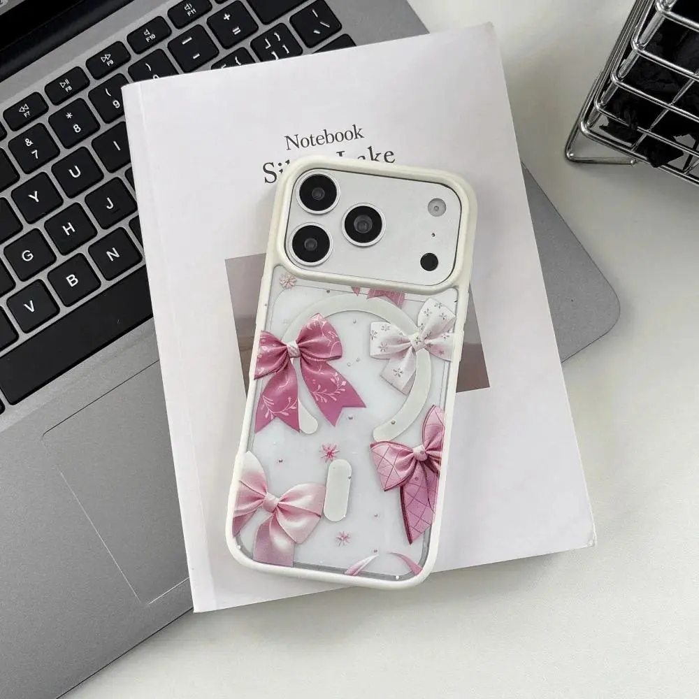 Kawaii Cute Bowknot Transparent Clear MagSafe Magnetic Hard Case, Support Wireless Charging Anti-Drop Full Camera Lens Protective Back Cover Compatible With Apple iPhone 12 13 14 15 16 17 Air 18 Pro Max / Plus